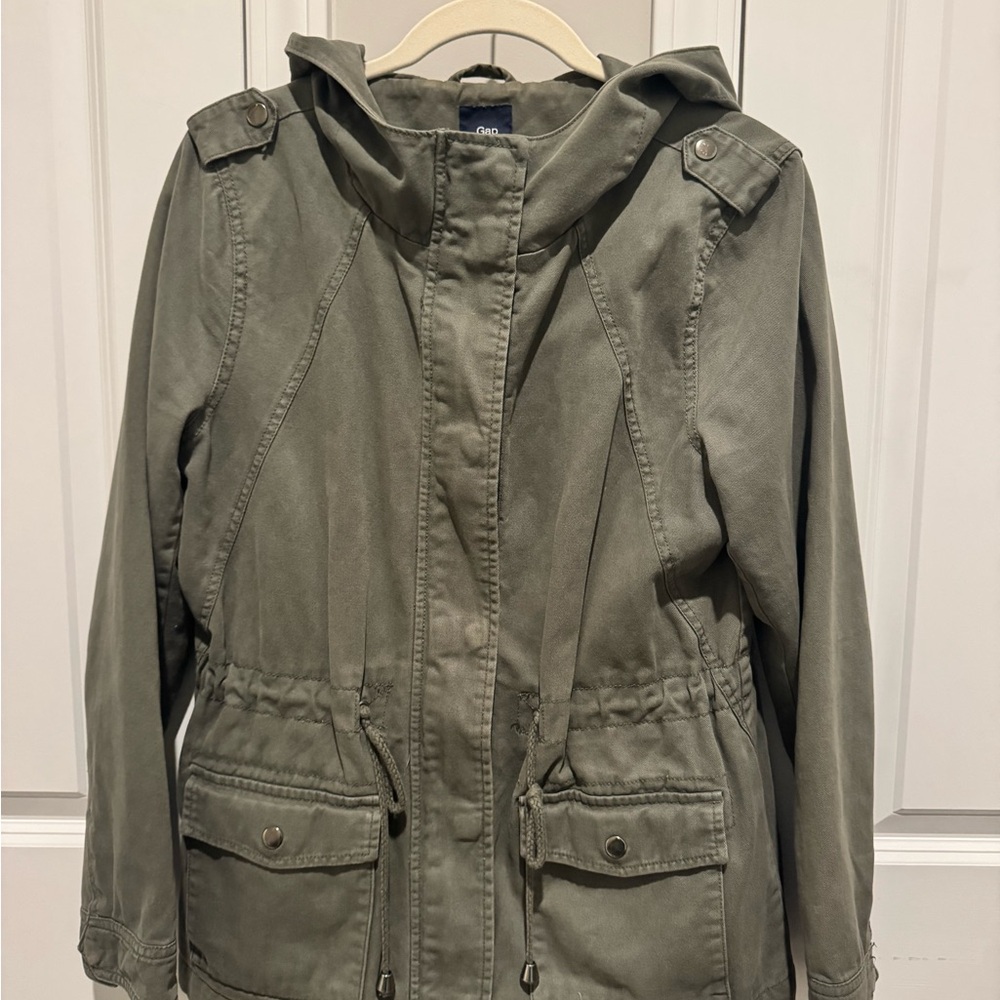 GAP Olive Utility Jacket with Hood and Drawstring Waist